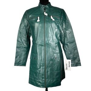 Metrostyle Green Leather Jacket Coat Long Trench A-line Glossy Women’s Size 10